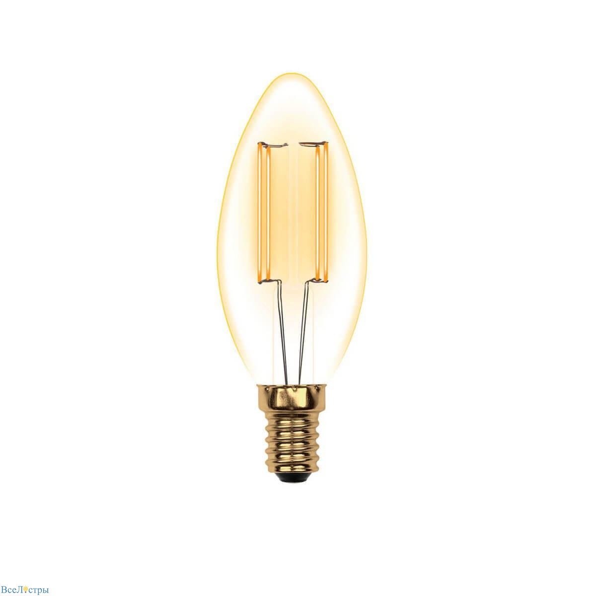 лампа светодиодная филаментная uniel e14 5w 2250k прозрачная led-c35-5w/golden/e14 glv21go ul-00002396