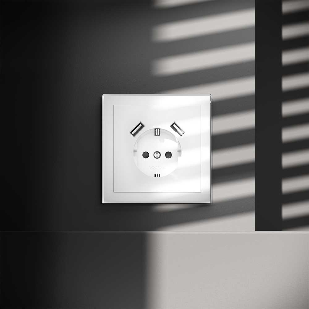 розетка встраиваемая voltum s70 с заземлением и защитными шторками, 16а, с usb, a+a, (белый глянцевы vls040401