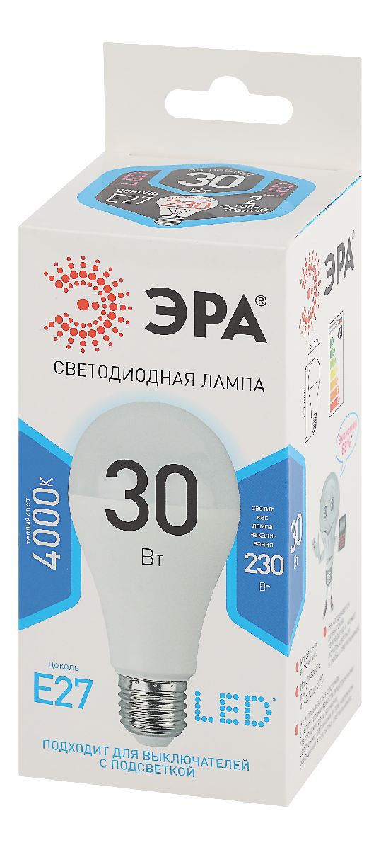 лампа светодиодная эра e27 30w 4000k led a65-30w-840-e27 б0048016