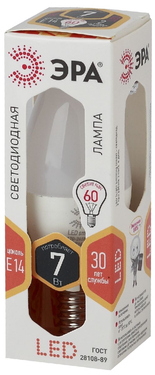 лампа светодиодная эра e14 7w 2700k led b35-7w-827-e14 б0020538