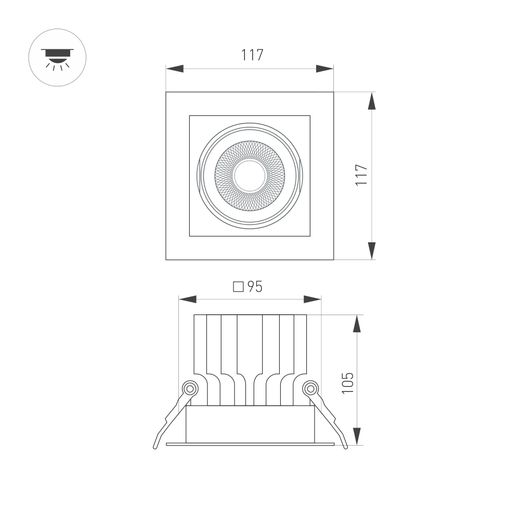 встраиваемый карданный светильник arlight ms-vortex-built-s117x117-20w day4000 (wh-wh, 40 deg, 230v) (ip20 металл) 057919