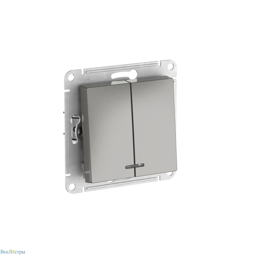 выключатель 2-клавишный с подсвет.,сх.5а, 10ах, быстрозажим. клем. systeme electric atlasdesign сталь atn000953s