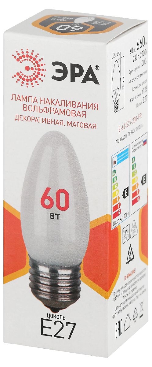 лампа накаливания эра b-60-e27-230-fr свечка б0066409