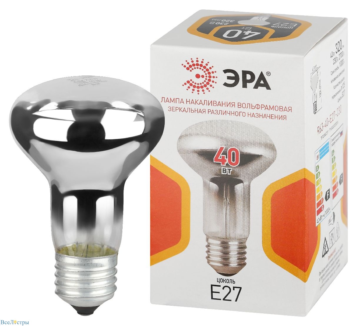 лампа накаливания эра r63-40-e27-230 рефлектор б0066550