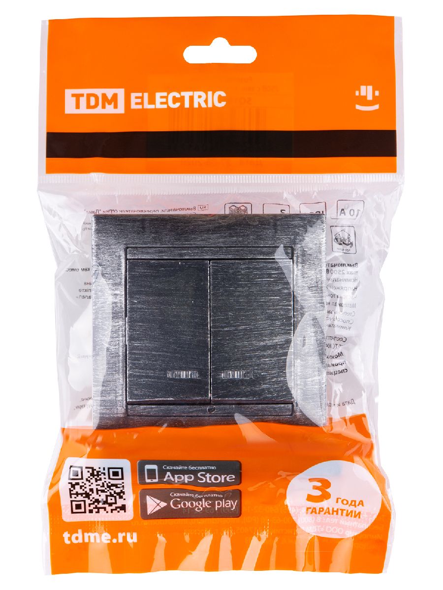 выключатель двухклавишный с подсветкой лама tdm electric sq1815-0647