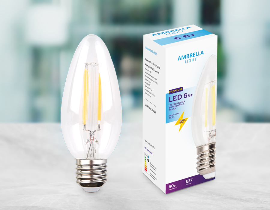 лампа светодиодная филаментная ambrella light e27 6w 4200k прозрачная 202220