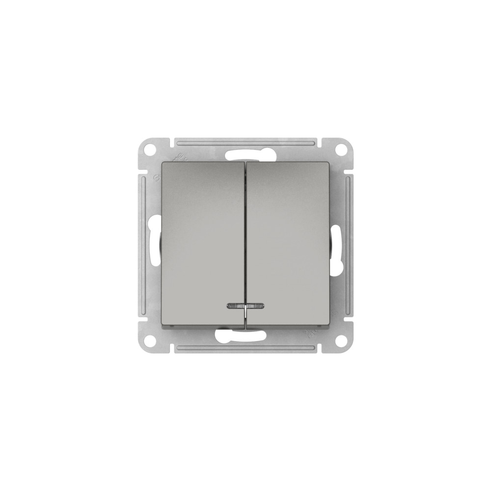 выключатель 2-клавишный с подсвет.,сх.5а, 10ах, быстрозажим. клем. systeme electric atlasdesign сталь atn000953s