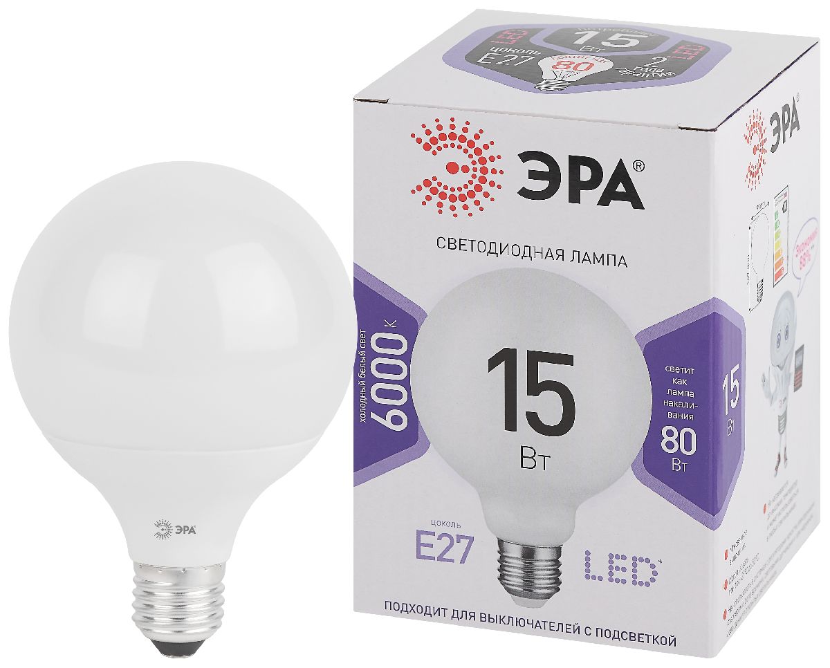 лампа светодиодная эра e27 15w 6500k led g95-15w-6000k-e27 б0049079