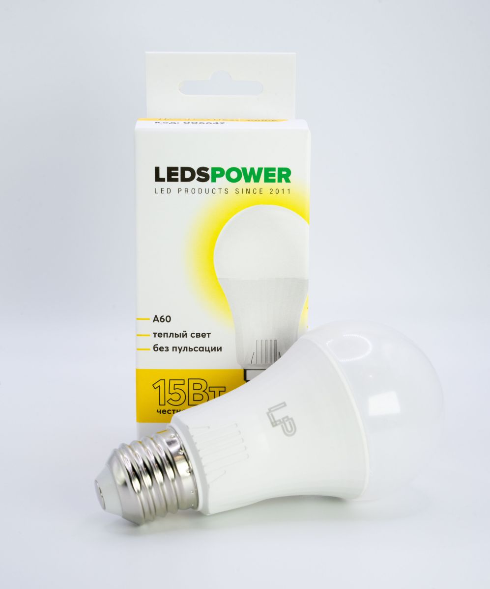 светодиодная лампа leds power a60 e27 15вт 3000к 006642