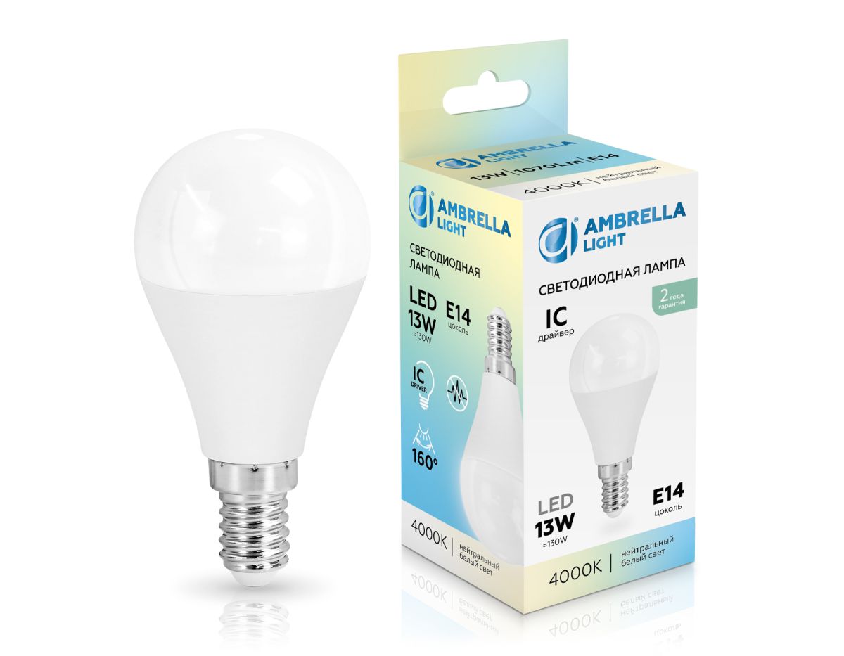 светодиодная лампа ambrella light bulbing e14 13w 4000k шар 451314