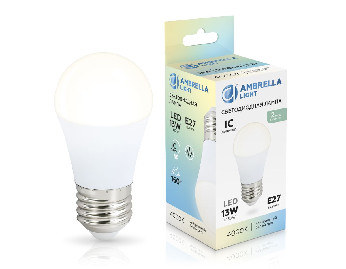 светодиодная лампа ambrella light bulbing e27 13w 4000k шар 451304