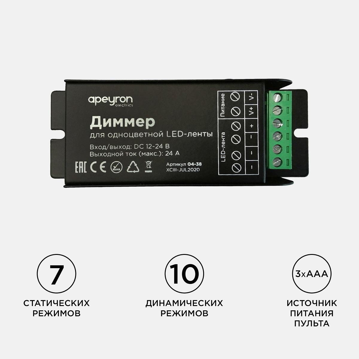 диммер для монохромной светодиодной ленты apeyron с пультом 12/24v 04-38