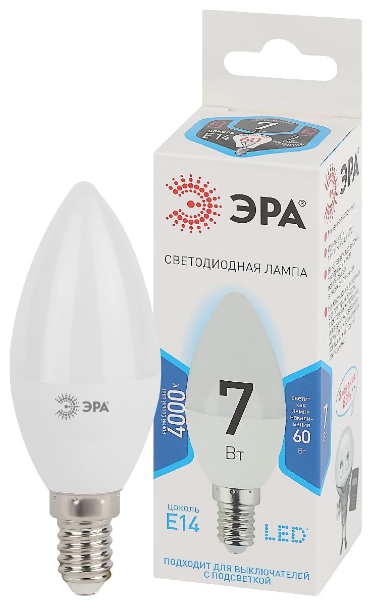 лампа светодиодная эра e14 7w 4000k led b35-7w-840-e14 б0020539