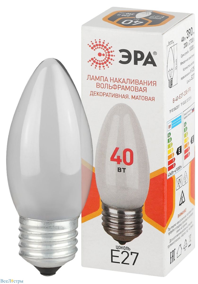 лампа накаливания эра b-40-e27-230-fr свечка б0066400