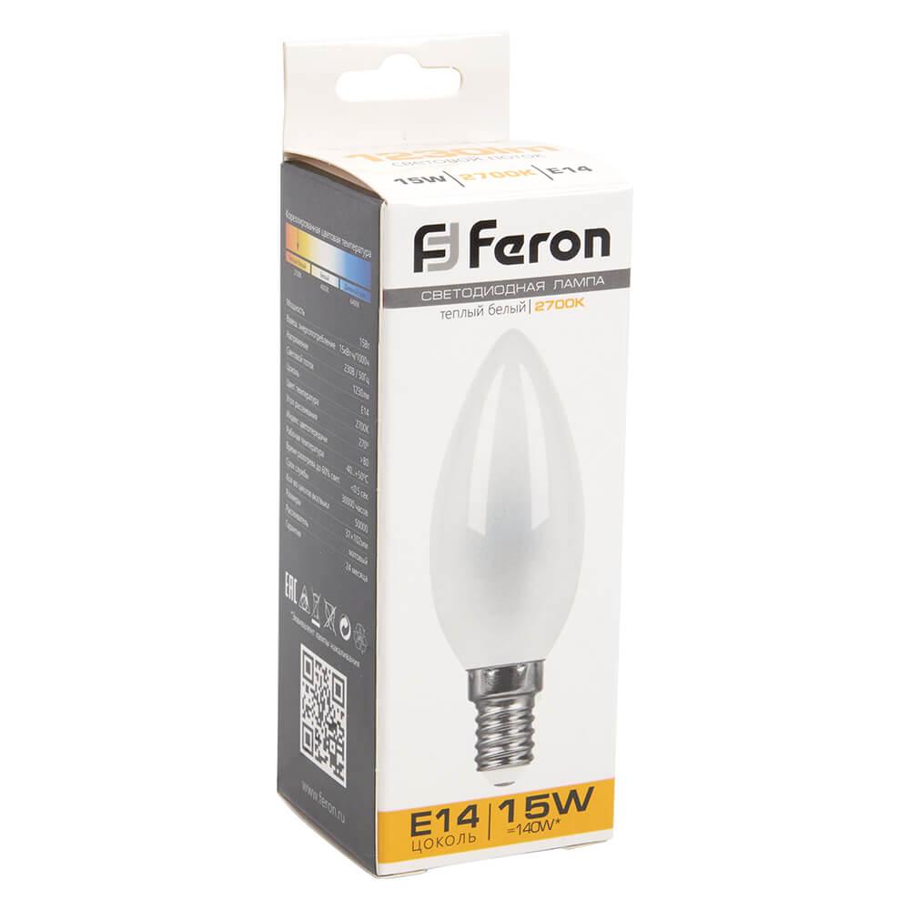 лампа светодиодная feron e14 15w 2700k свеча матовая 38255
