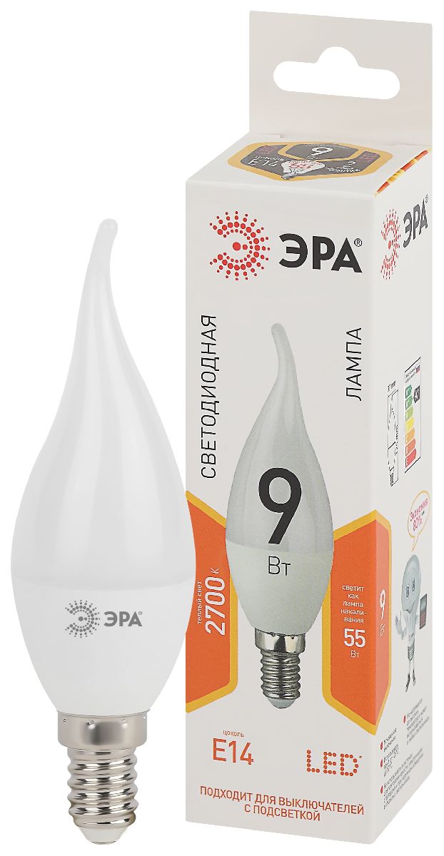 лампа светодиодная эра e14 9w 2700k led bxs-9w-827-e14 б0027973