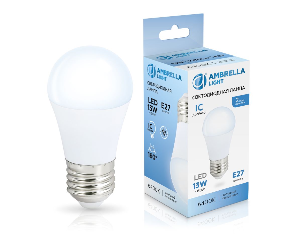 светодиодная лампа ambrella light bulbing e27 13w 6400k шар 451306