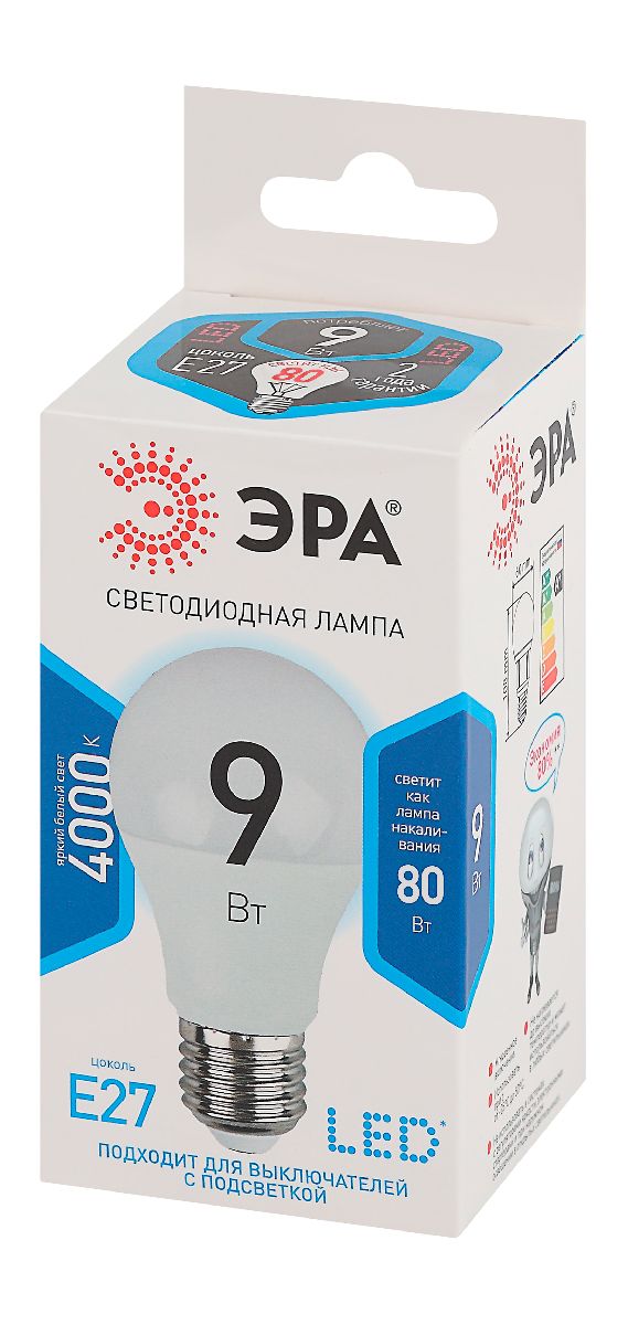 лампа светодиодная эра e27 9w 4000k led a60-9w-840-e27 б0032247
