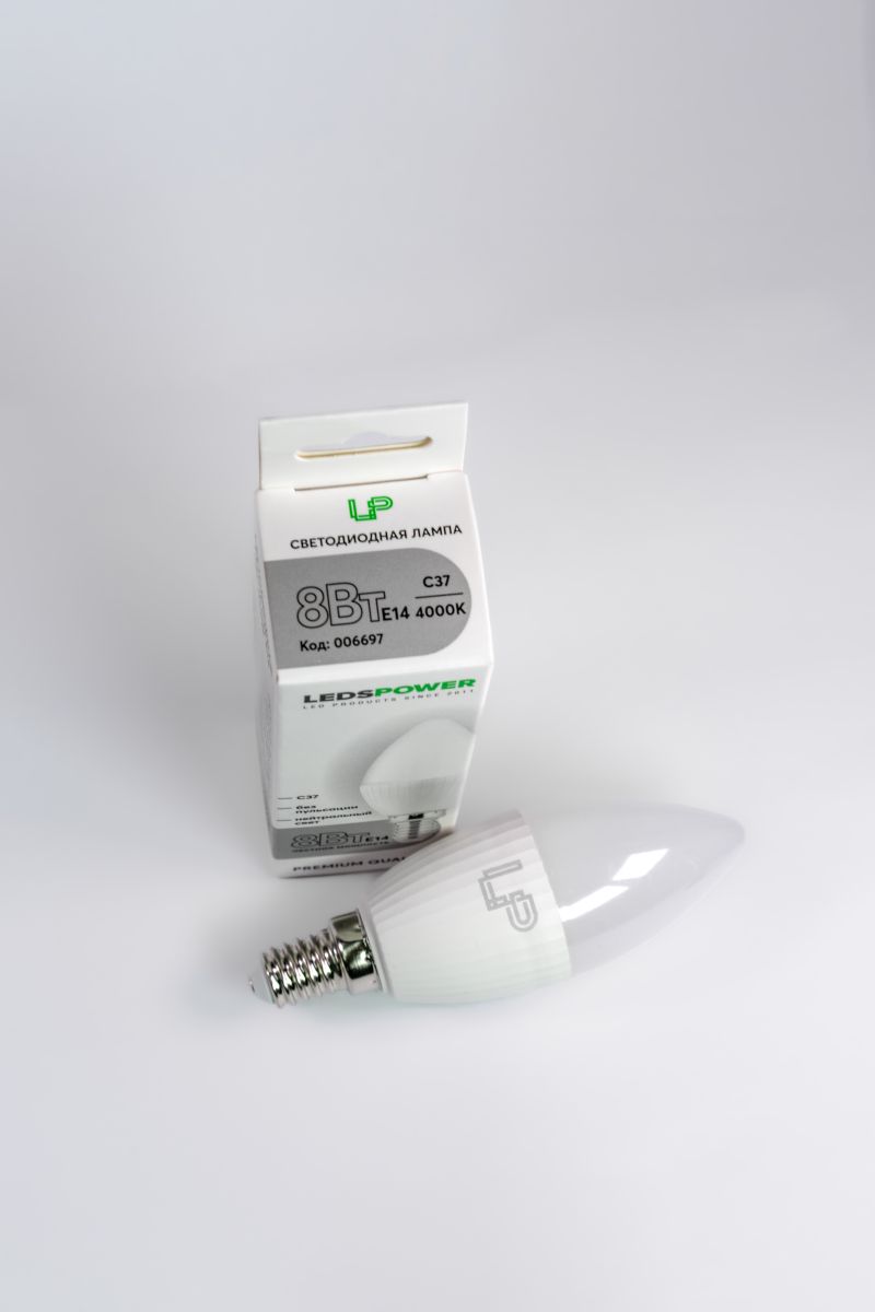 светодиодная лампа leds power c37 e14 8вт 4000к 006697