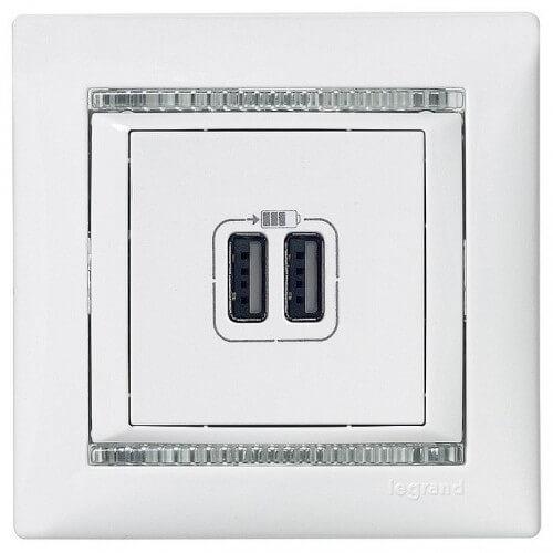 розетка usb двойная legrand valena 240v/5v 2400ma алюминий 770270