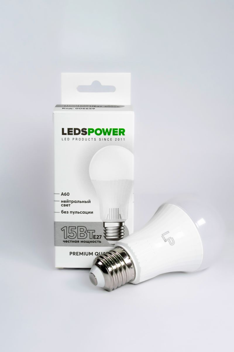 светодиодная лампа leds power a60 e27 15вт 4000к 006659
