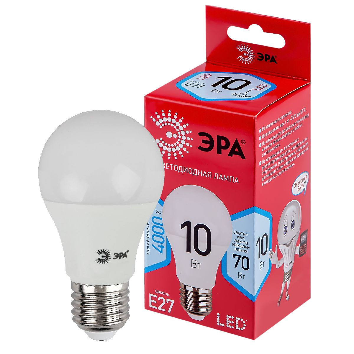 лампа светодиодная эра e27 10w 4000k led a60-10w-840-e27 r б0049635