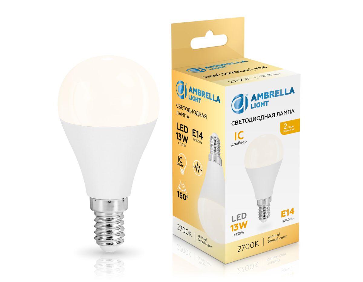 светодиодная лампа ambrella light bulbing e14 13w 2700k шар 451313
