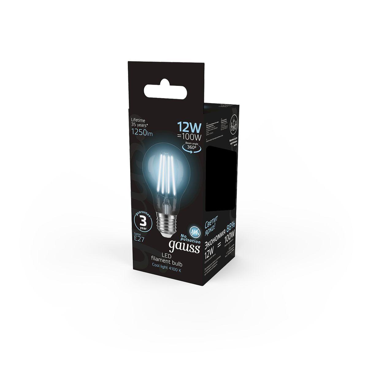 лампа светодиодная филаментная gauss e27 12w 4100k прозрачная 102902212