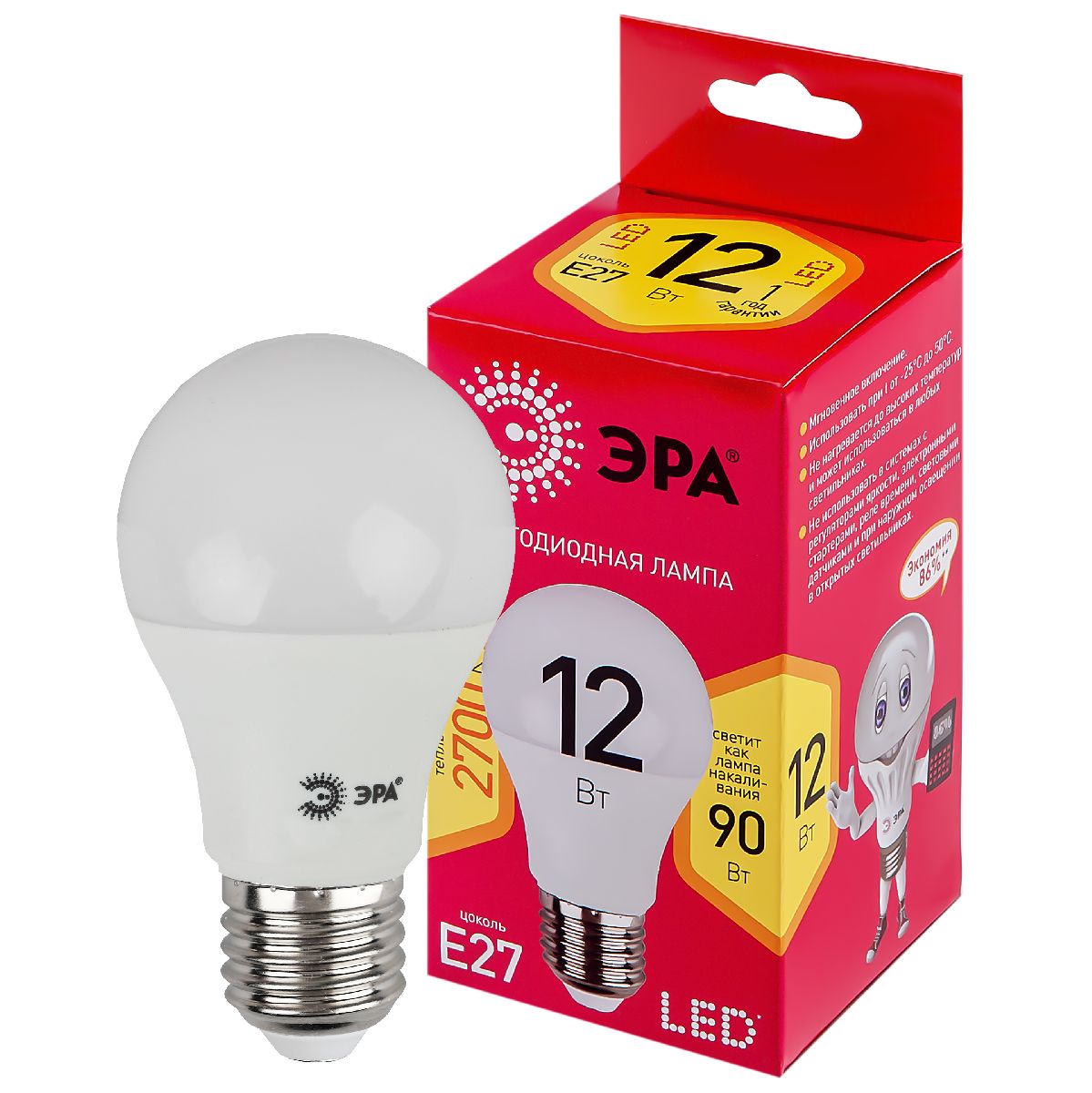 лампа светодиодная эра e27 12w 2700k led a60-12w-827-e27 r б0050197