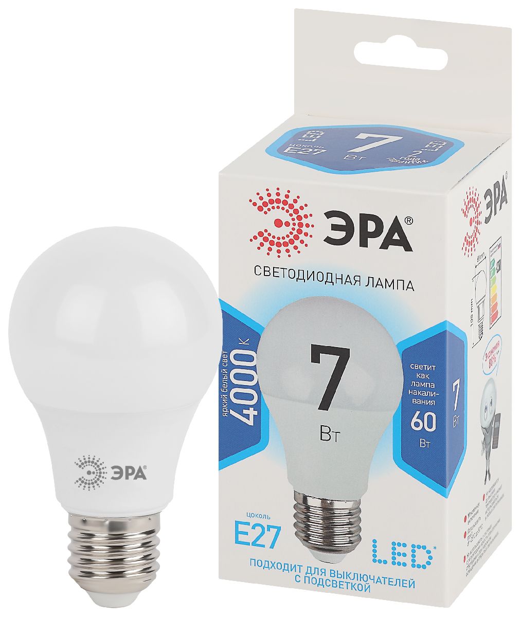 лампа светодиодная эра e27 7w 4000k led a60-7w-840-e27 б0029820