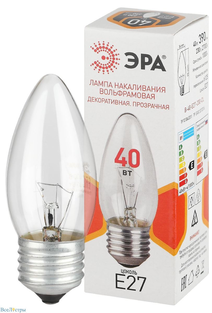 лампа накаливания эра b-40-e27-230-cl свечка б0066505