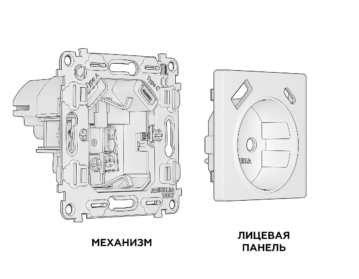комплект механизма розетки 2usb a+c 20w (быстрая зарядка) с/з ambrella volt alfa ma510010