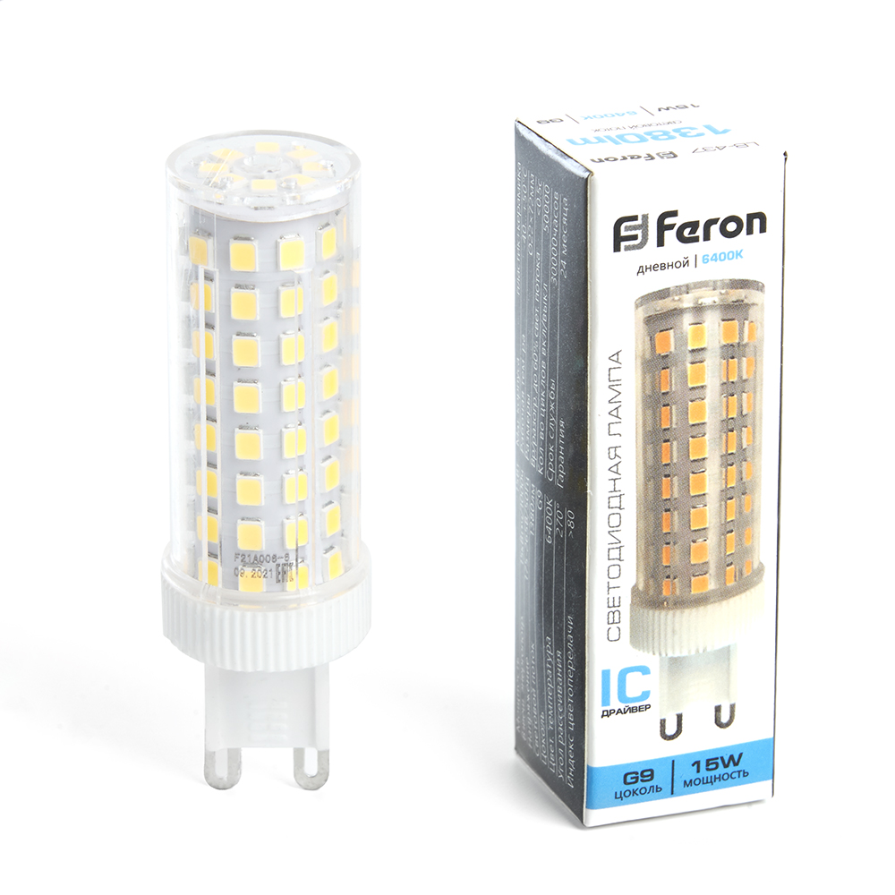 лампа светодиодная feron g9 15w 6400k капсульная lb-437 38214