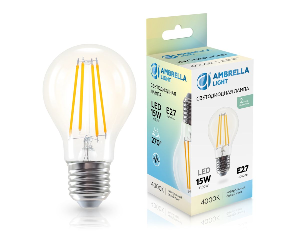 филаментная светодиодная лампа ambrella light bulbing e27 15w 4000k 601514