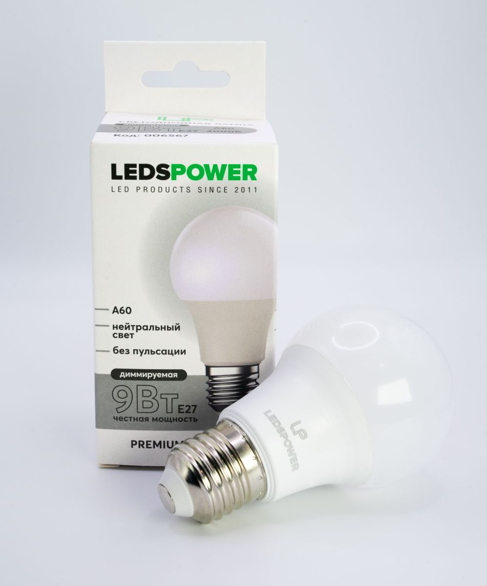 светодиодная лампа leds power a60 e27 9вт 4000к диммируемая 006567