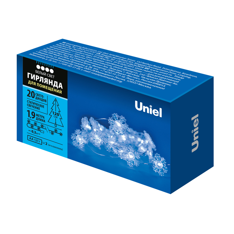 гирлянда uniel uld-s1900-020/stb/2aa white ip20 snowflakes mini