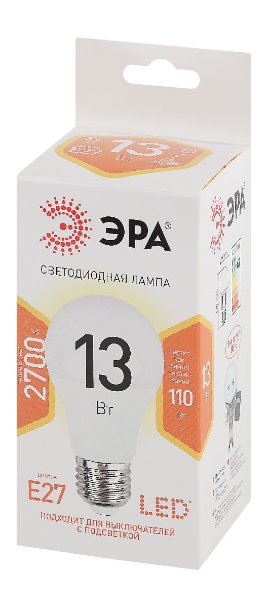 лампа светодиодная эра e27 13w 2700k led a60-13w-827-e27 б0020536