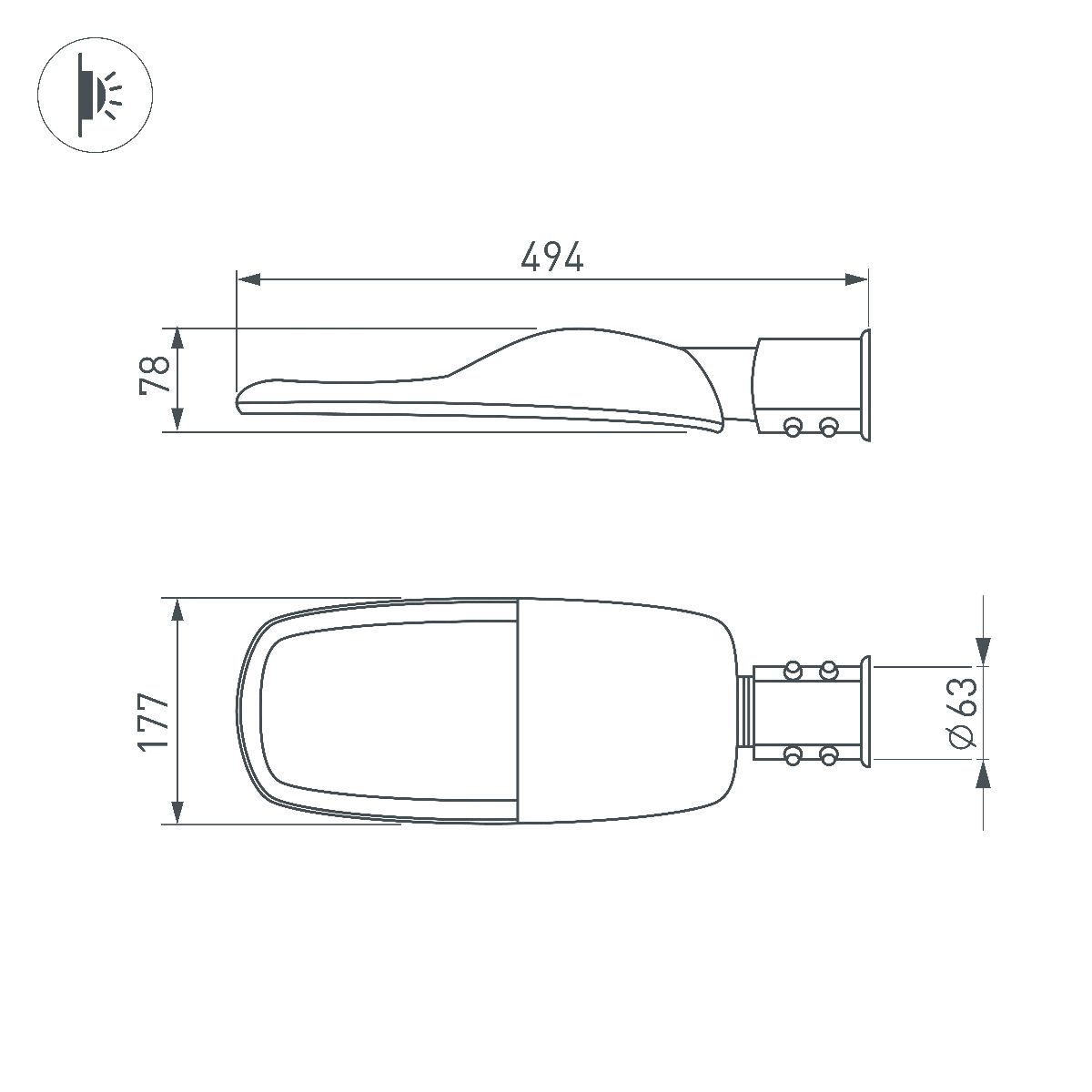 уличный консольный светильник arlight oxor-turi-494х177-60w day4000 (gr, 144x75 deg, 230v) 053871