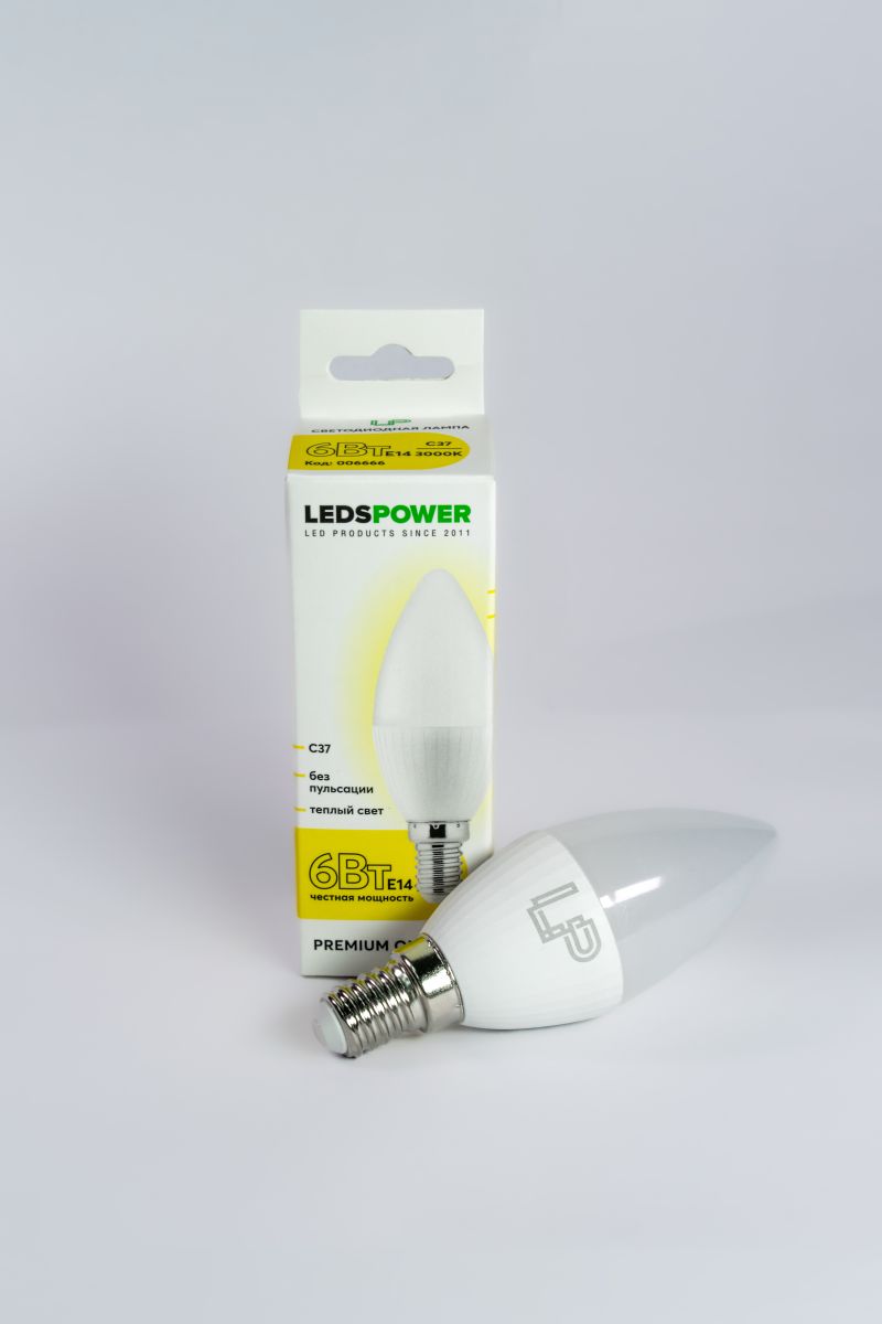 светодиодная лампа leds power c37 e14 6вт 3000к 006666