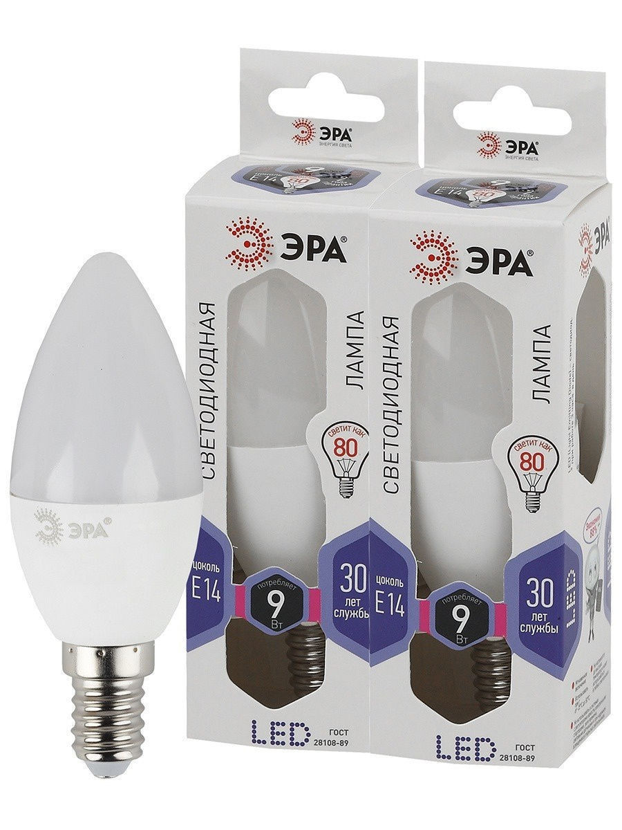 лампа светодиодная эра e14 9w 6000k led b35-9w-860-e14 б0031403