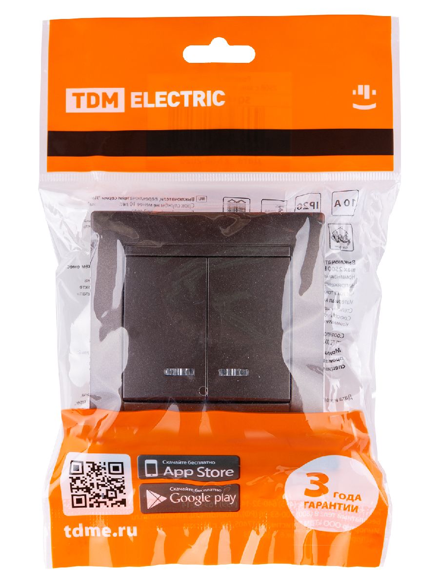 выключатель двухклавишный с подсветкой лама tdm electric sq1815-0505