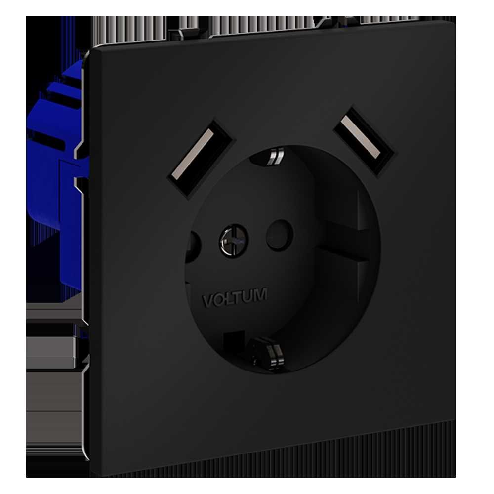 розетка встраиваемая voltum s70 с заземлением и защитными шторками, 16а, с usb, a+a, (черный матовый vls040408