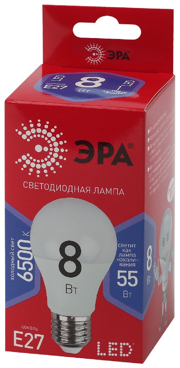 лампа светодиодная эра e27 8w 6500k led a60-8w-865-e27 r б0045323