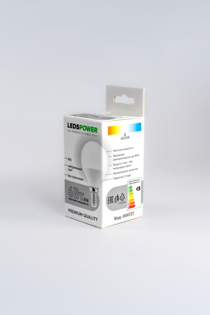 светодиодная лампа leds power p45 e14 6вт 4000к 006727