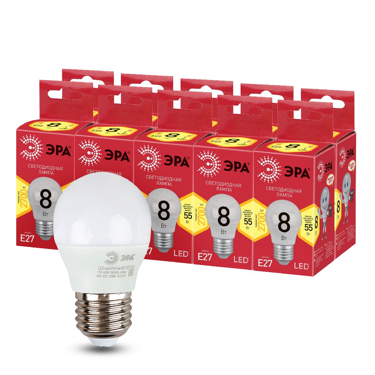 лампа светодиодная эра e27 8w 2700k led p45-8w-827-e27 r б0053028