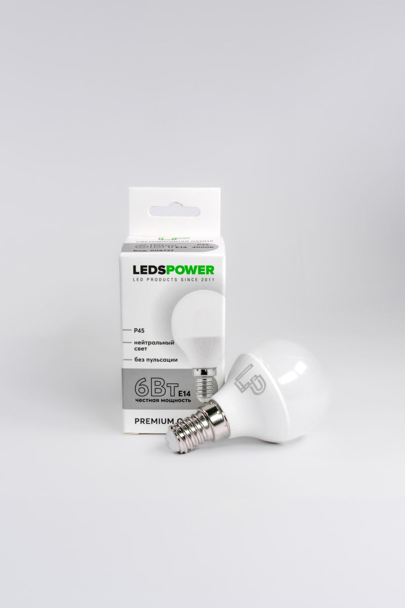 светодиодная лампа leds power p45 e14 6вт 4000к 006727