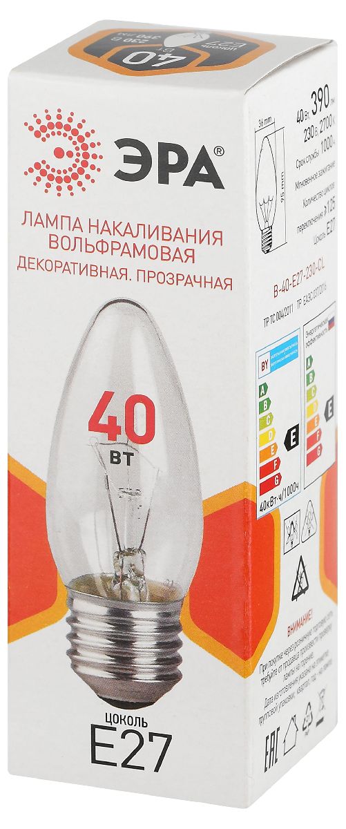 лампа накаливания эра b-40-e27-230-cl свечка б0066505