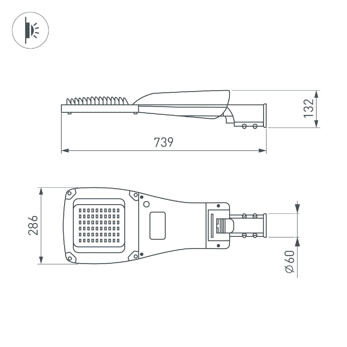 уличный консольный светильник arlight oxor-gres-739х286-120w day4000 (gr, 150x80 deg, 230v) 055496