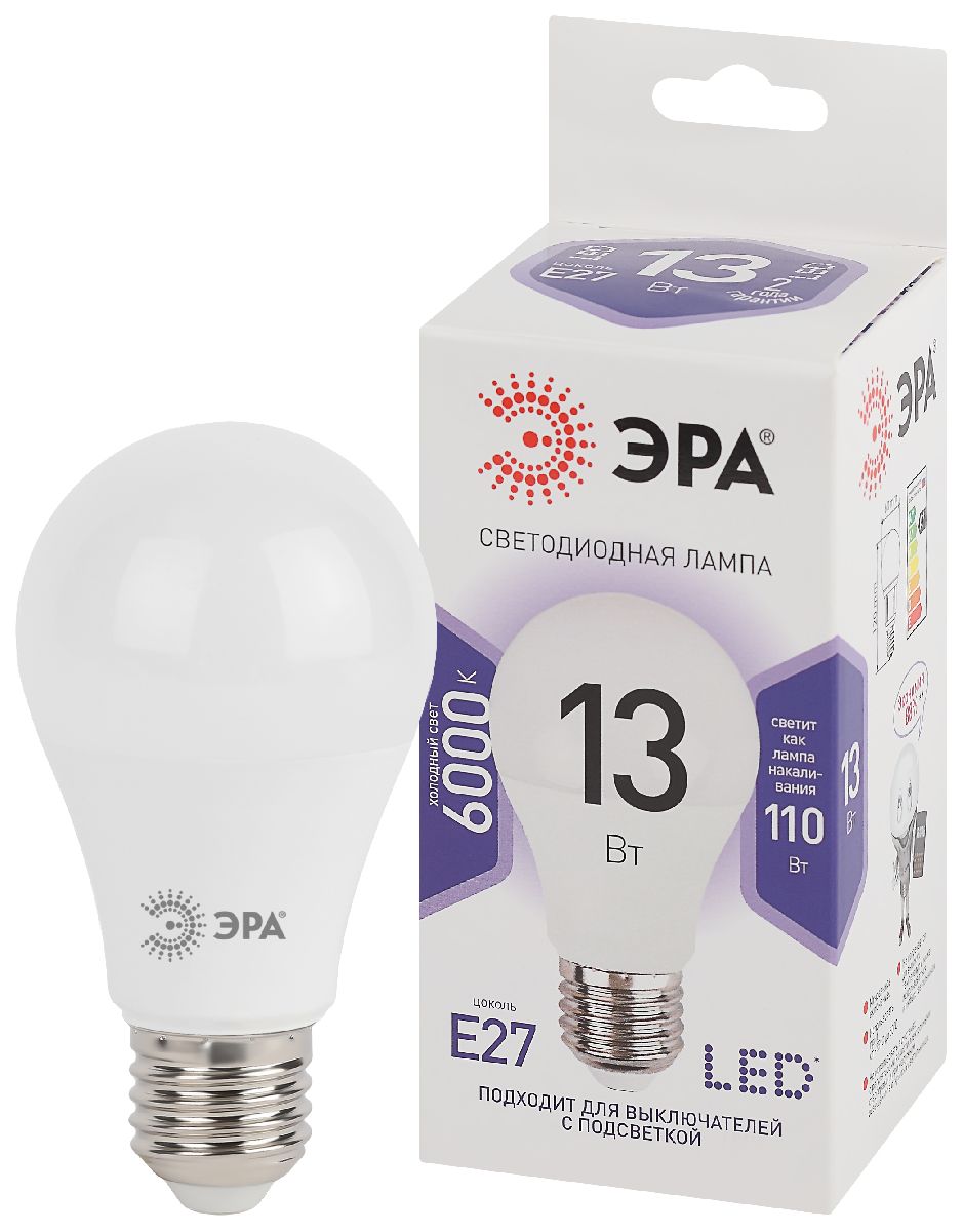 лампа светодиодная эра e27 13w 6000k led a60-13w-860-e27 б0031395