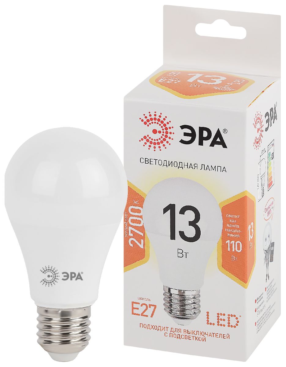 лампа светодиодная эра e27 13w 2700k led a60-13w-827-e27 б0020536